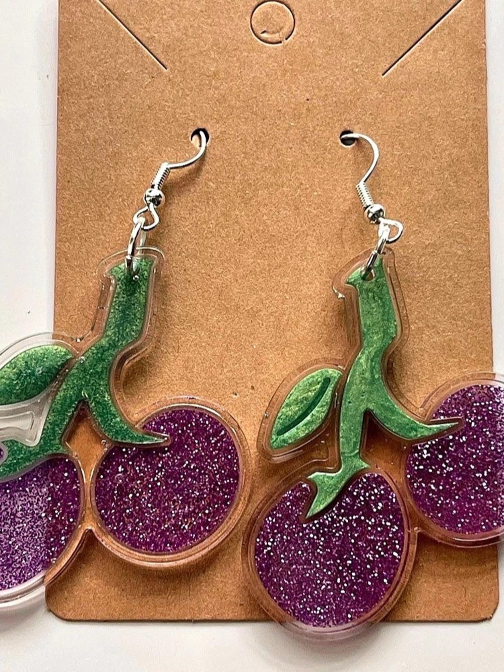 Purple & Green Glitter Cherry Statement Earrings
